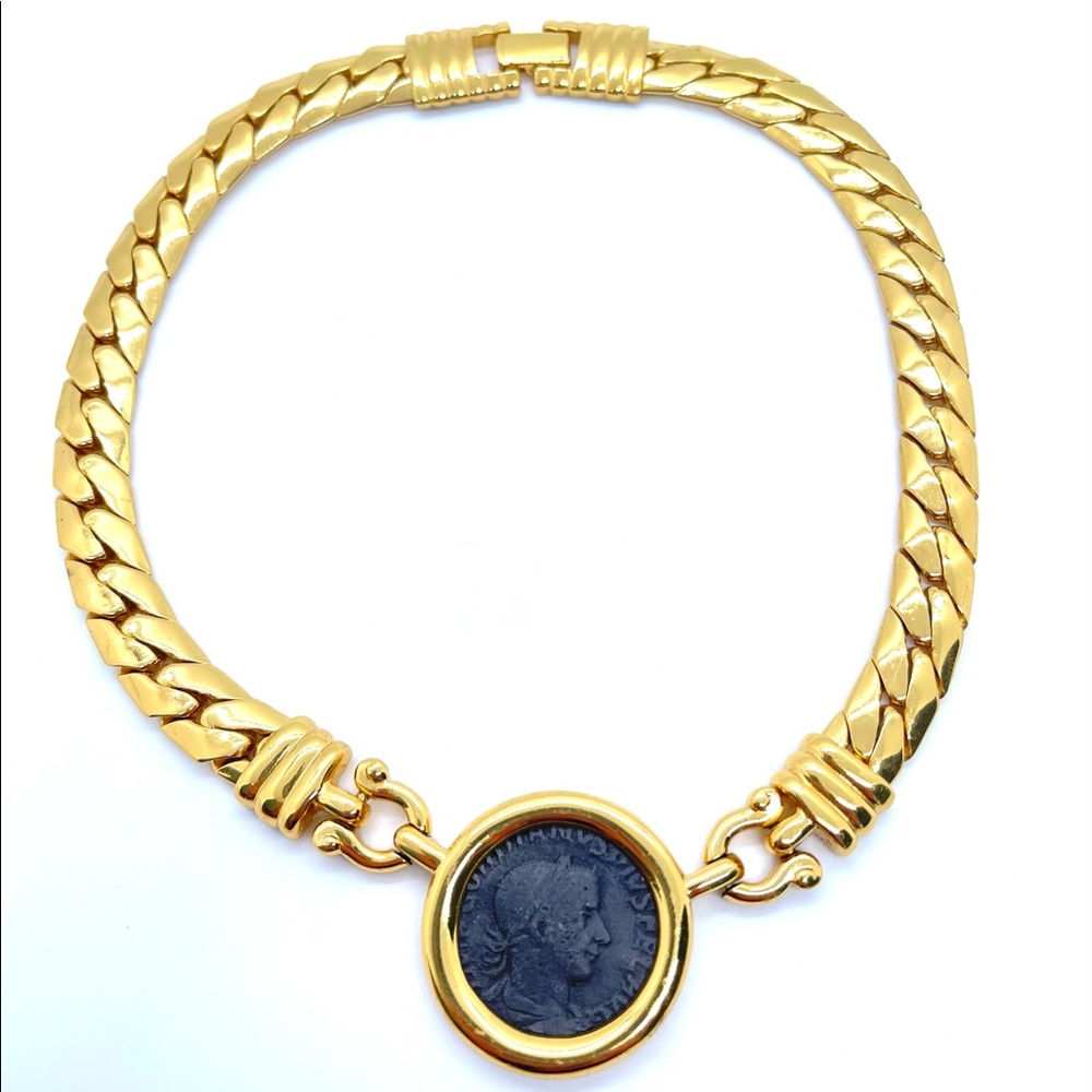 Vintage Carolee Roman Coin Omega Chain Choker Necklace 1980’s Gold Plated